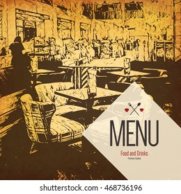 Restaurant menu design. Vector menu brochure template for cafe, coffee house, restaurant, bar. Food and drinks logotype symbol design. With a sketch pictures and crumpled vintage background