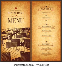 Restaurant menu design. Vector menu brochure template for cafe, coffee house, restaurant, bar. Food and drinks logotype symbol design. With a sketch pictures and crumpled vintage background