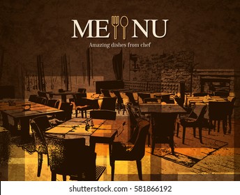 Restaurant menu design. Vector menu brochure template for cafe, coffee house, restaurant, bar. Food and drinks logotype symbol design. With a sketch pictures