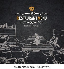 Restaurant menu design. Vector menu brochure template for cafe, coffee house, restaurant, bar. Food and drinks logotype symbol design. With a sketch pictures