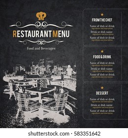 Restaurant menu design. Vector menu brochure template for cafe, coffee house, restaurant, bar. Food and drinks logotype symbol design. With a sketch pictures