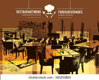 Restaurant menu design. Vector menu brochure template for cafe, coffee house, restaurant, bar. Food and drinks logotype symbol design. With a sketch pictures