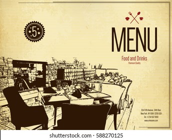 Restaurant menu design. Vector menu brochure template for cafe, coffee house, restaurant, bar. Food and drinks logotype symbol design. With a sketch pictures