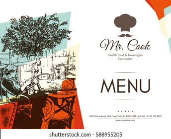 Restaurant menu design. Vector menu brochure template for cafe, coffee house, restaurant, bar. Food and drinks logotype symbol design. With a sketch pictures