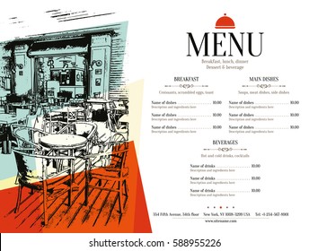 Restaurant menu design. Vector menu brochure template for cafe, coffee house, restaurant, bar. Food and drinks logotype symbol design. With a sketch pictures