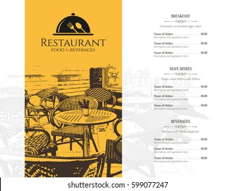 Restaurant menu design. Vector menu brochure template for cafe, coffee house, restaurant, bar. Food and drinks logotype symbol design. With a sketch pictures