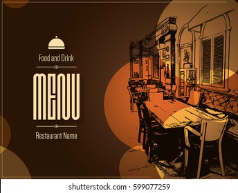 Restaurant menu design. Vector menu brochure template for cafe, coffee house, restaurant, bar. Food and drinks logotype symbol design. With a sketch pictures
