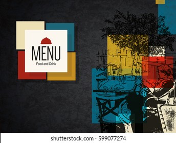 Restaurant menu design. Vector menu brochure template for cafe, coffee house, restaurant, bar. Food and drinks logotype symbol design. With a sketch pictures