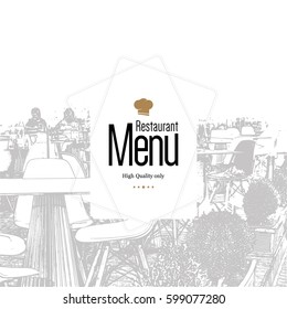 Restaurant menu design. Vector menu brochure template for cafe, coffee house, restaurant, bar. Food and drinks logotype symbol design. With a sketch pictures
