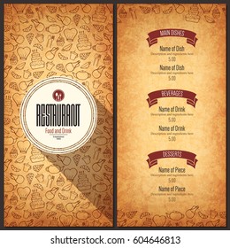 Restaurant menu design. Vector menu brochure template for cafe, coffee house, restaurant, bar. Food and drinks logotype symbol design. With a hand draw icons