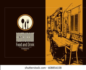 Restaurant menu design. Vector menu brochure template for cafe, coffee house, restaurant, bar. Food and drinks logotype symbol design. With a sketch pictures