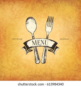Restaurant menu design. Vector menu brochure template for cafe, coffee house, restaurant, bar. Food and drinks logotype symbol design. With a sketch style fork and spoon