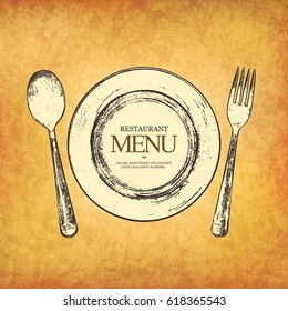 Restaurant menu design. Vector menu brochure template for cafe, coffee house, restaurant, bar. Food and drinks logotype symbol design. With a sketch pictures