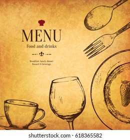 Restaurant menu design. Vector menu brochure template for cafe, coffee house, restaurant, bar. Food and drinks logotype symbol design. With a sketch pictures