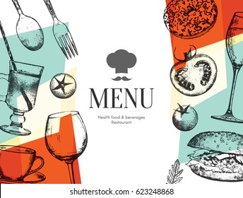 El diseño de la carta del restaurante. Plantilla de folleto del menú vector para café, cafetería, restaurante, bar. Diseño de símbolos de logotipo de comida y bebida. Con imágenes de esbozo