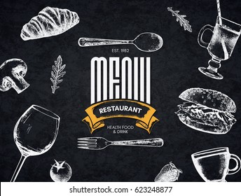 Restaurant menu design. Vector menu brochure template for cafe, coffee house, restaurant, bar. Food and drinks logotype symbol design. With a sketch pictures