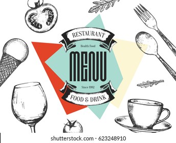 Restaurant menu design. Vector menu brochure template for cafe, coffee house, restaurant, bar. Food and drinks logotype symbol design. With a sketch pictures