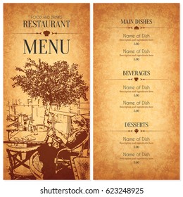 Restaurant menu design. Vector menu brochure template for cafe, coffee house, restaurant, bar. Food and drinks logotype symbol design. With a sketch pictures