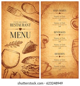 Restaurant menu design. Vector menu brochure template for cafe, coffee house, restaurant, bar. Food and drinks logotype symbol design. With a sketch pictures