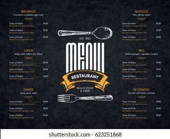 Restaurant menu design. Vector menu brochure template for cafe, coffee house, restaurant, bar. Food and drinks logotype symbol design. With a sketch pictures