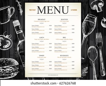 Diseño de la carta del restaurante. Plantilla de folleto del menú vector para café, café, restaurante, bar. Diseño de símbolos de logotipo de comida y bebida. Con imágenes de esbozo