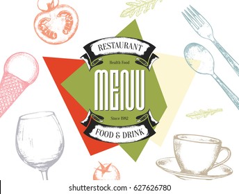 Restaurant menu design. Vector menu brochure template for cafe, coffee house, restaurant, bar. Food and drinks logotype symbol design. With a sketch pictures