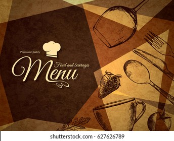 Restaurant menu design. Vector menu brochure template for cafe, coffee house, restaurant, bar. Food and drinks logotype symbol design. With a sketch pictures