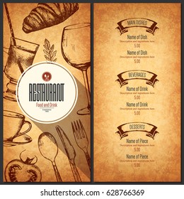 Restaurant menu design. Vector menu brochure template for cafe, coffee house, restaurant, bar. Food and drinks logotype symbol design. With a sketch pictures