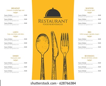 Restaurant menu design. Vector menu brochure template for cafe, coffee house, restaurant, bar. Food and drinks logotype symbol design. With a sketch pictures