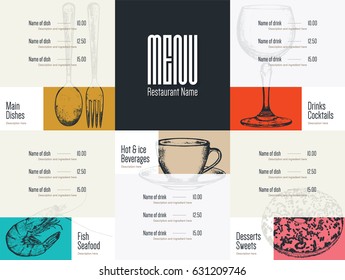 Restaurant menu design. Vector menu brochure template for cafe, coffee house, restaurant, bar. Food and drinks logotype symbol design. With a sketch pictures