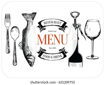 Restaurant menu design. Vector menu brochure template for cafe, coffee house, restaurant, bar. Food and drinks logotype symbol design. With a sketch pictures