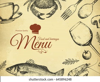 Restaurant menu design. Vector menu brochure template for cafe, coffee house, restaurant, bar. Food and drinks logotype symbol design. With a sketch pictures