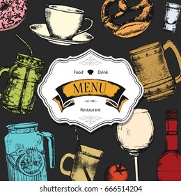 Restaurant menu design. Vector menu brochure template for cafe, coffee house, restaurant, bar. Food and drinks logotype symbol design. With a sketch pictures