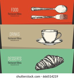 Restaurant menu design. Vector menu brochure template for cafe, coffee house, restaurant, bar. Food and drinks logotype symbol design. With a sketch pictures
