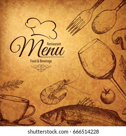 Restaurant menu design. Vector menu brochure template for cafe, coffee house, restaurant, bar. Food and drinks logotype symbol design. With a sketch pictures