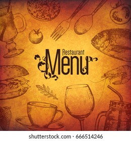 Restaurant menu design. Vector menu brochure template for cafe, coffee house, restaurant, bar. Food and drinks logotype symbol design. With a sketch pictures