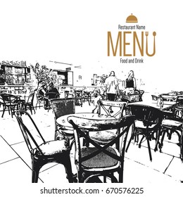 Restaurant menu design. Vector menu brochure template for cafe, coffee house, restaurant, bar. Food and drinks logotype symbol design. With a sketch pictures