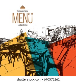 Restaurant menu design. Vector menu brochure template for cafe, coffee house, restaurant, bar. Food and drinks logotype symbol design. With a sketch pictures