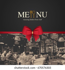 Restaurant menu design. Vector menu brochure template for cafe, coffee house, restaurant, bar. Food and drinks logotype symbol design. With a sketch pictures