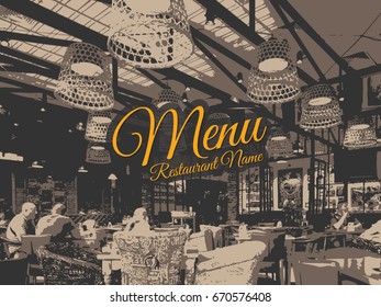Speisekarte-Design des Restaurants. Vektor Menü Broschüre Vorlage für Café, Kaffeehaus, Restaurant, Bar. Logo Design für Lebensmittel und Getränke. Mit Skizzenbildern
