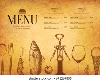 Restaurant menu design. Vector menu brochure template for cafe, coffee house, restaurant, bar. Food and drinks logotype symbol design. With a sketch pictures