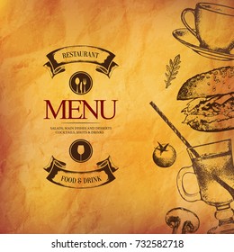 Restaurant menu design. Vector menu brochure template for cafe, coffee house, restaurant, bar. Food and drinks logotype symbol design. With a sketch pictures