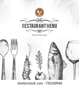 Restaurant menu design. Vector menu brochure template for cafe, coffee house, restaurant, bar. Food and drinks logotype symbol design. With a sketch pictures