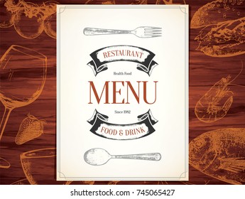 Restaurant menu design. Vector menu brochure template for cafe, coffee house, restaurant, bar. Food and drinks logotype symbol design. With a sketch pictures