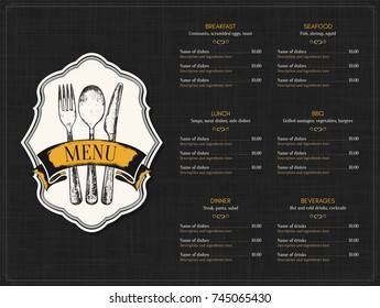 Restaurant menu design. Vector menu brochure template for cafe, coffee house, restaurant, bar. Food and drinks logotype symbol design. With a sketch pictures