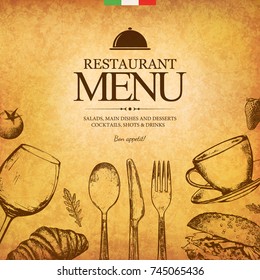 Restaurant menu design. Vector menu brochure template for cafe, coffee house, restaurant, bar. Food and drinks logotype symbol design. With a sketch pictures