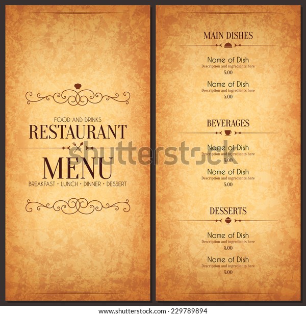 レストランのメニューデザイン カフェ コーヒーハウス レストラン バー用のベクター画像メニューパンフレットテンプレート 飲食品のロゴシンボルデザイン ぼかしたビンテージ紙の背景 のベクター画像素材 ロイヤリティフリー
