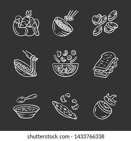 Restaurant menu dishes chalk icons set. Salads, soup, main dishes. Rice, grilled vegetables, omelette, pasta, sandwich. Nutritious food. Isolated vector chalkboard illustrations