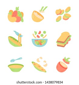 Restaurant menu dishes flat design long shadow color icons set. Salads, soup, main dishes. Rice, grilled vegetables, omelette, pasta, sandwich. Nutritious food. Vector silhouette illustrations
