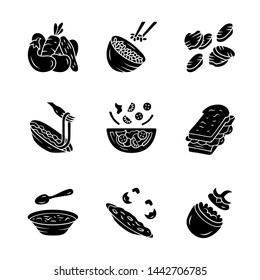 Restaurant menu dishes glyph icons set. Salads, soup, main dishes. Rice, grilled vegetables, omelette, pasta, sandwich. Nutritious food. Silhouette symbols. Vector isolated illustration